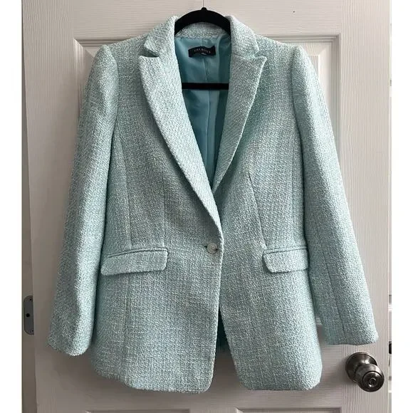TALBOTS Women's Aqua Blue Luxe Tweed Tailored Career Blazer Jacket - Picture 4 of 14